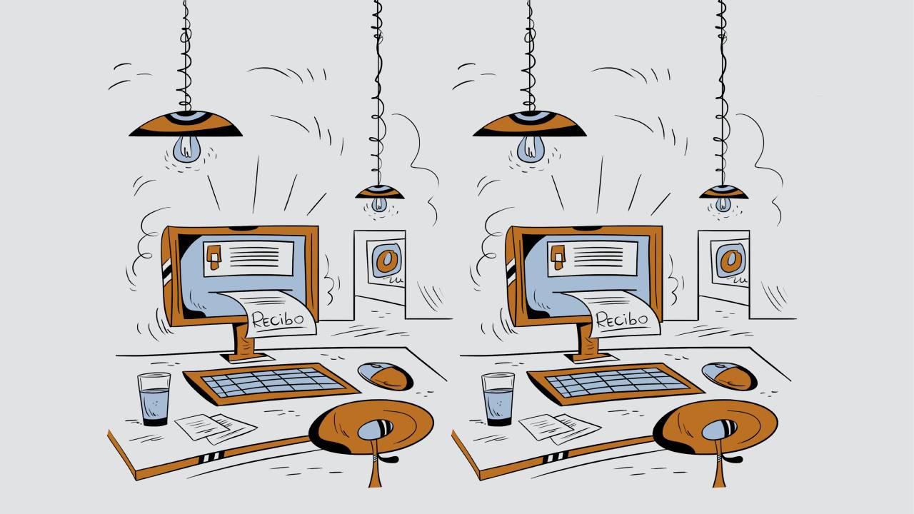 Ilustração em branco, preto e dourado de um boleto saindo da tela do computador