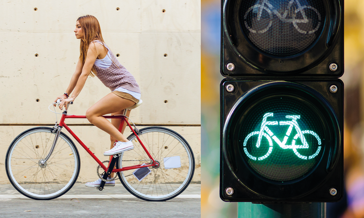 Foto colagem, moça andando de bike e semáforo para bicicletas