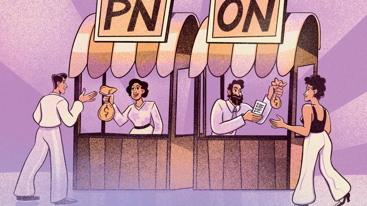 Ilustração de pessoas indo à duas barraquinhas diferentes, uma com placa de "ON" e outra com placa de "PN". Na ON, estão entregando um saquinho de dinheiro e uma cédula para votação. Na PN, recebem um saco de dinheiro maior.