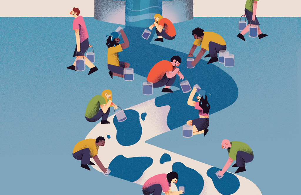 Ilustração de uma fonte gerando um caminho d'água que vai secando conforme o percurso e diversas pessoas tentando pegar água dele.