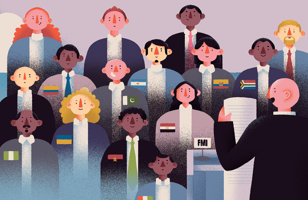 Ilustração de um personagem identificado como FMI lendo uma lista extensa para representante de vários países.