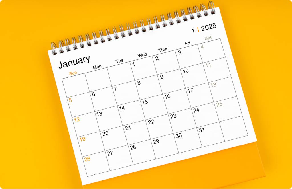 Foto de calendário de janeiro de 2025, fundo de cor amarela.