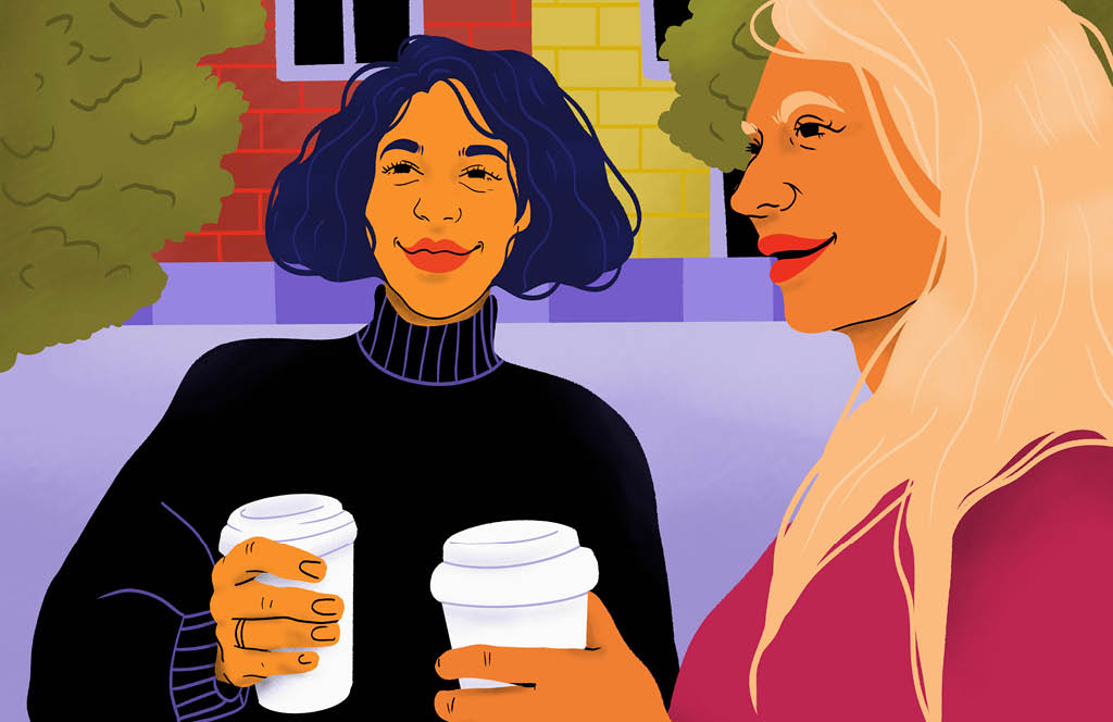 Lvros_Adriana_Alcantara_00_layout_site Ilustração de duas amigas tomando café em um parque.