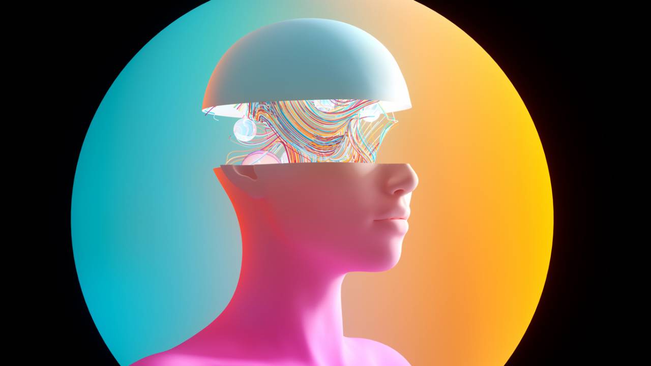 Imagem gerada digitalmente de uma cabeça multicolorida fatiada abstrata com conexões de spline em espiral dentro.