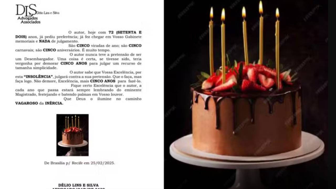 Advogado protocola petição com imagem de bolo de aniversário após espera de cinco anos por julgamento de recurso.