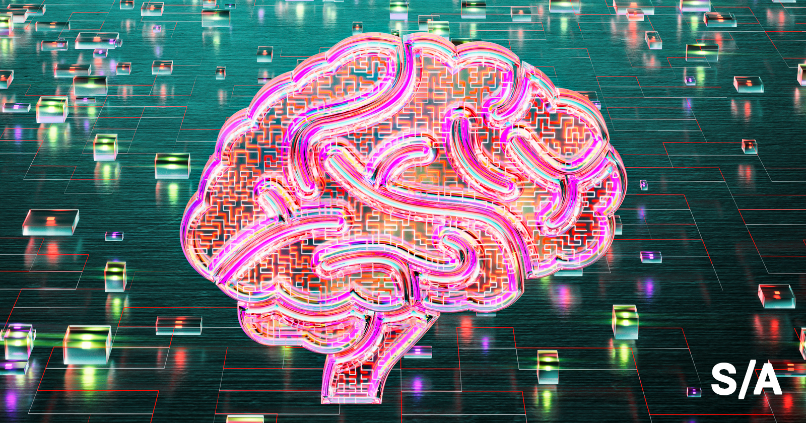 Um cérebro de vidro colorido iluminado sobre um fundo de cubos que são como interruptores iluminados