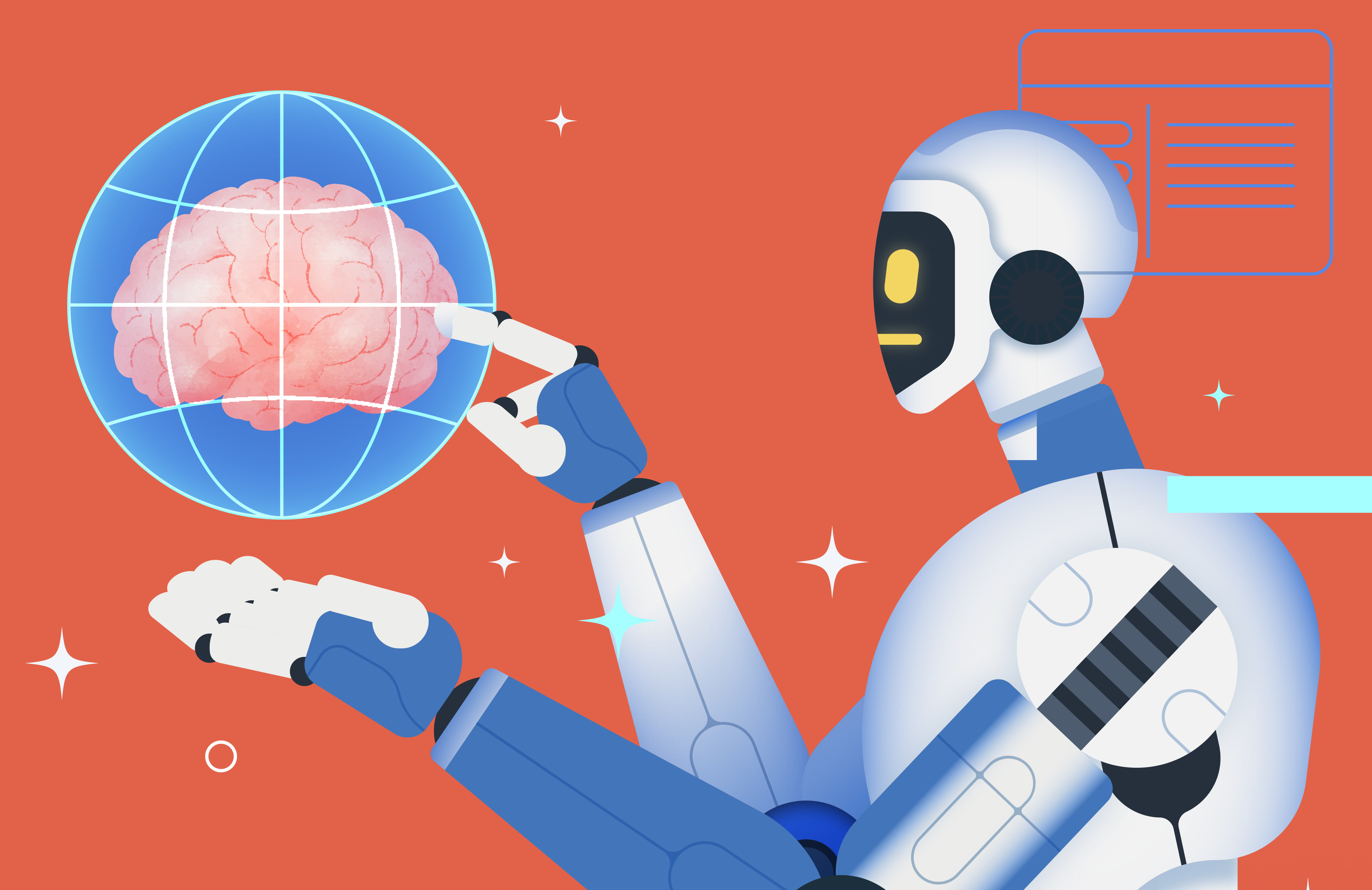 Ilustração de robô observando um cérebro que está no interior de uma esfera.