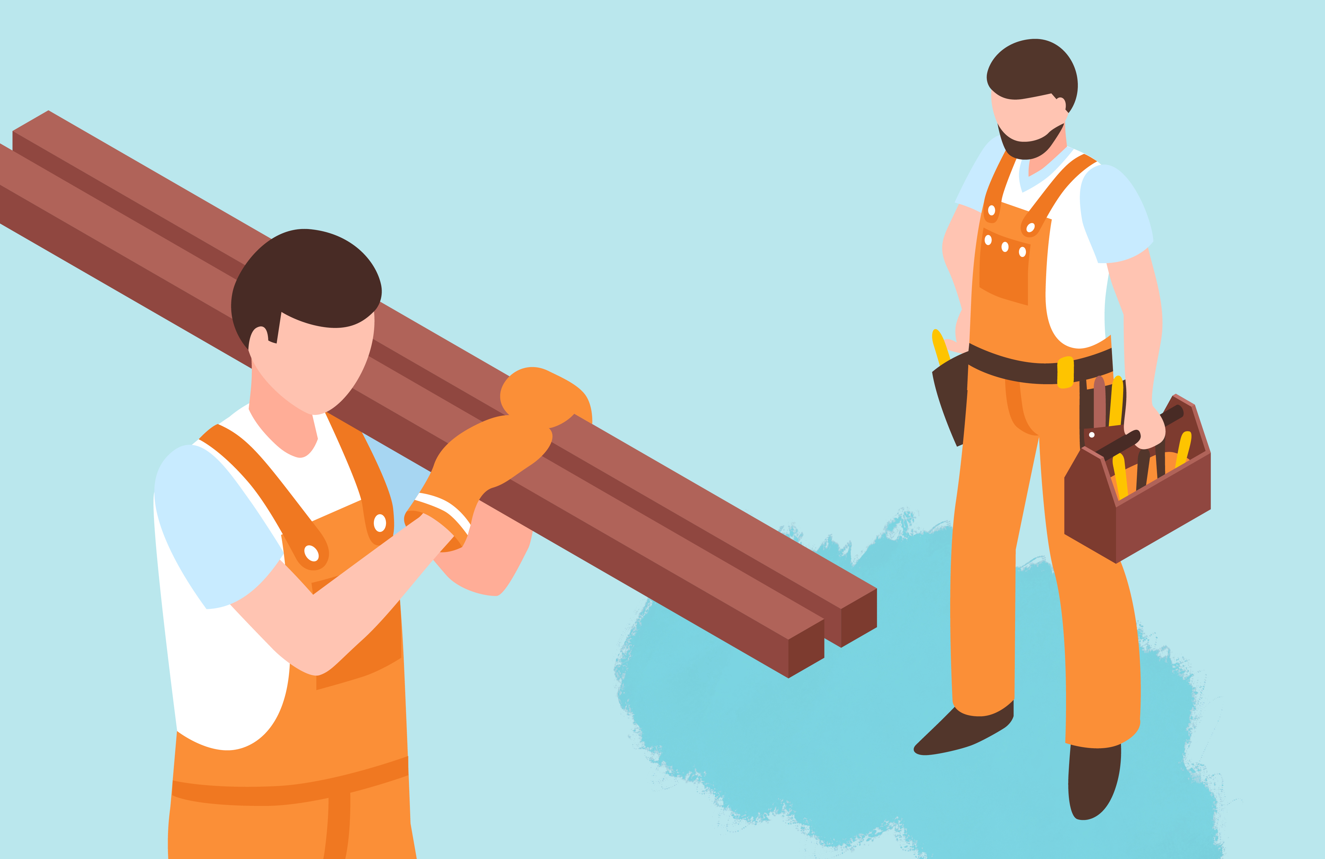 Ilustração de dois trabalhadores com ferramentas de construção.