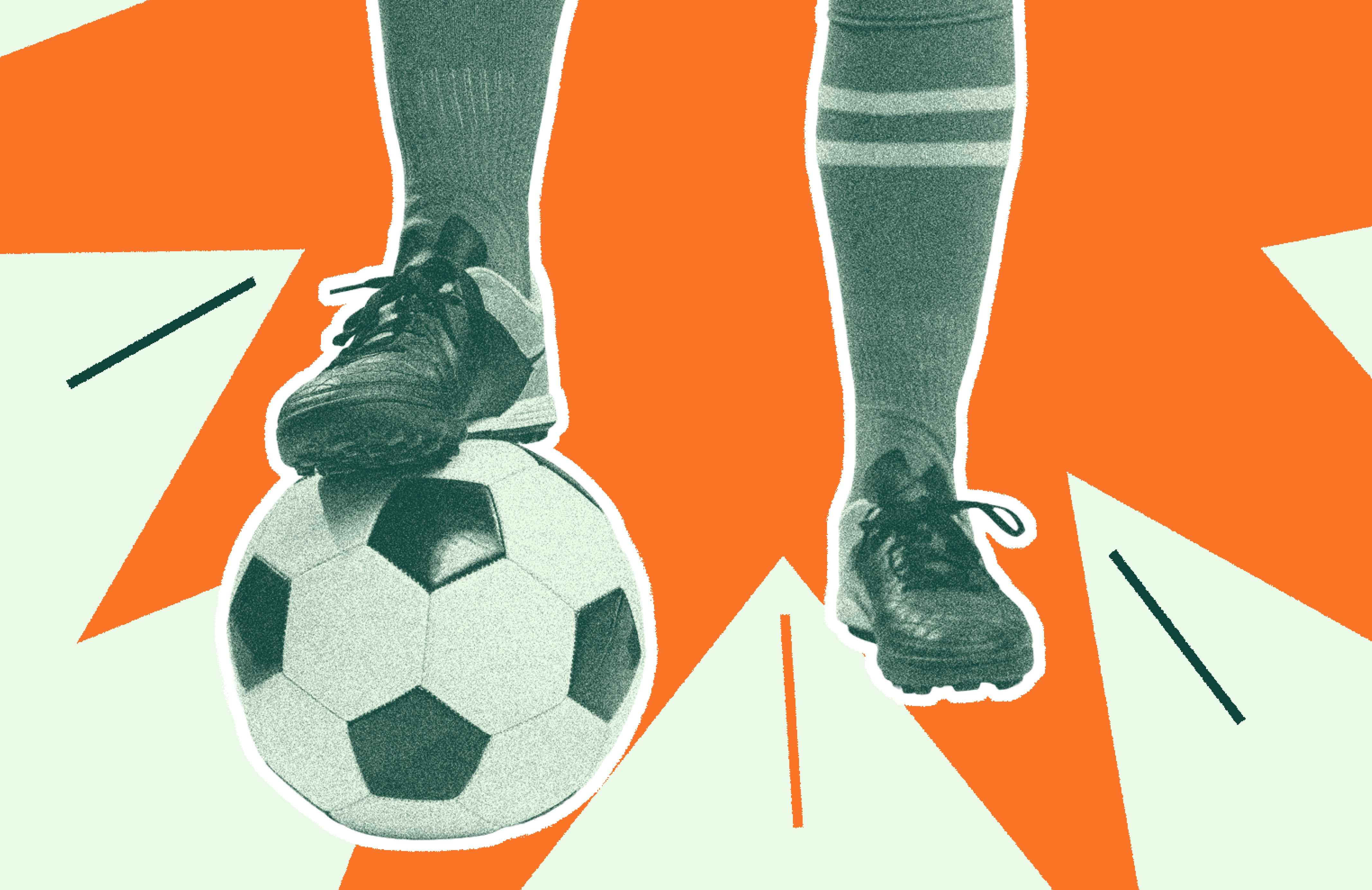 Colagem de pés de um jogador ao lado de uma bola de futebol.